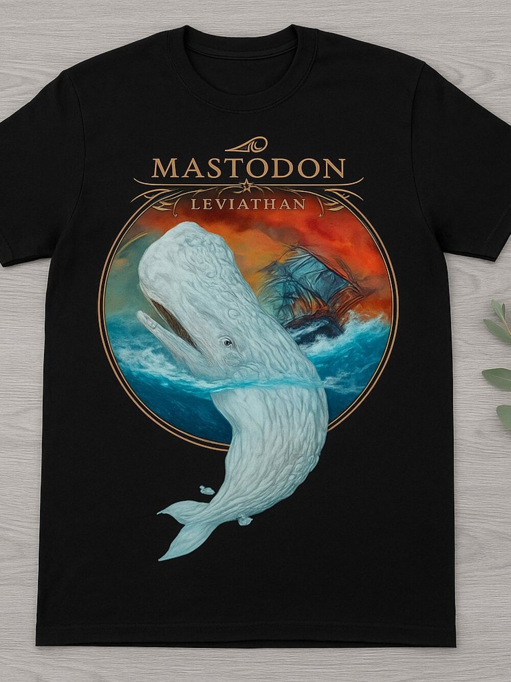 White Whale Ship Storm Graphic Tee Nautical Metal Art Black
